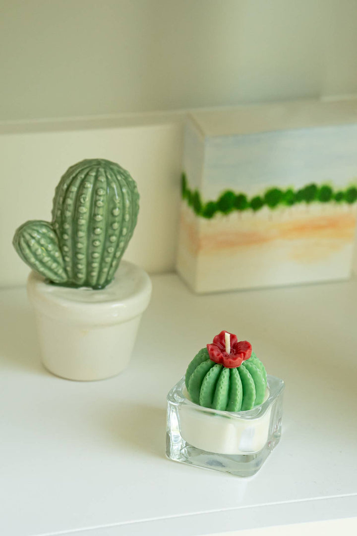 Barrel Cactus Tealight Candles: Green w/ red