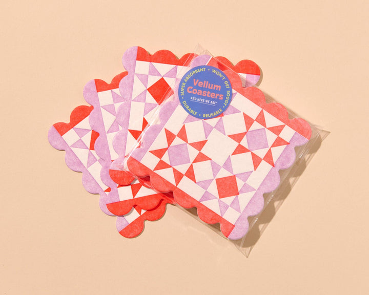 Mod Quilt Scalloped Vellum Coasters - Red/Lilac (Set of 4)