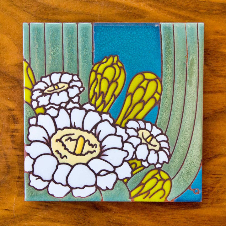 Saguaro Cactus Bloom Hand Glazed Art Tile Trivet: Terra Cotta Background