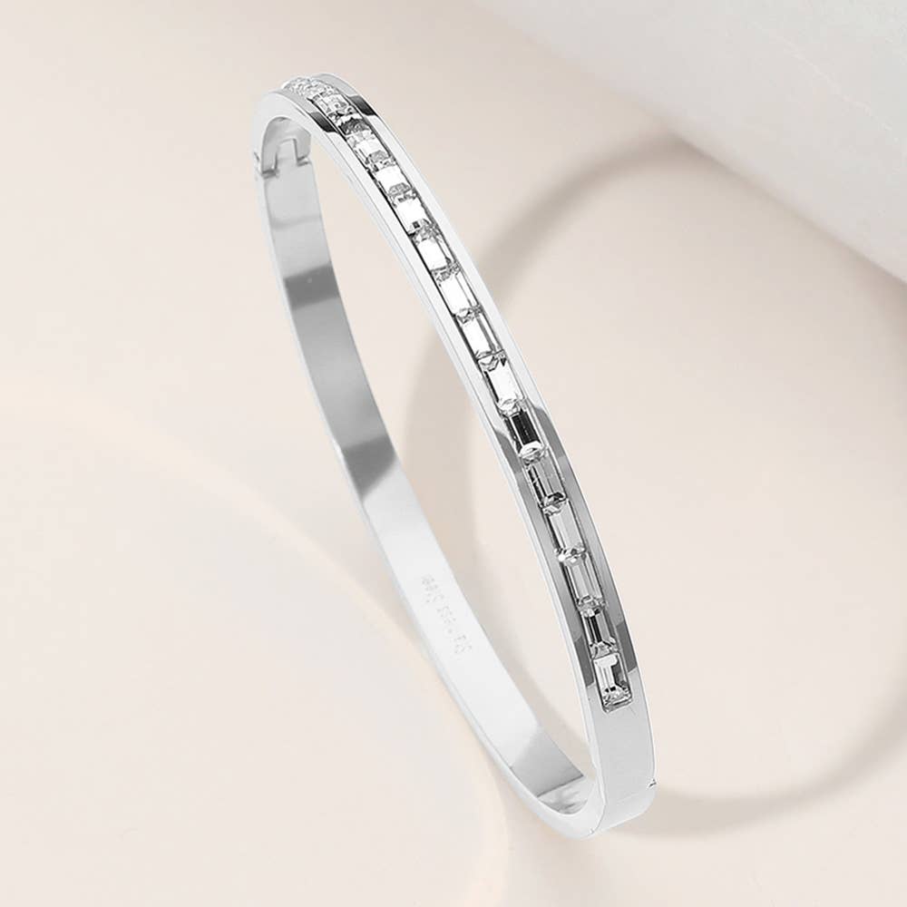 Baguette Stone Paved Hinged Bangle Bracelet: Gold