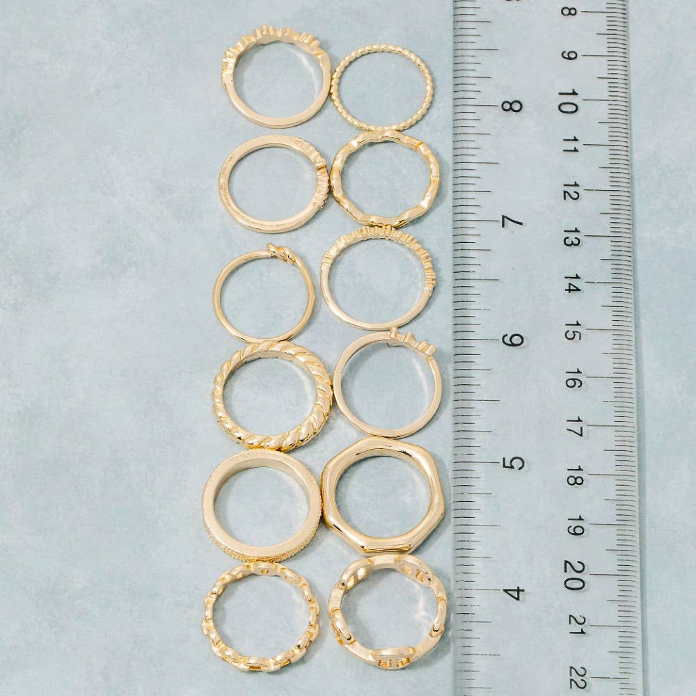 Assorted Twelve Piece Chain Ring Set: Gold