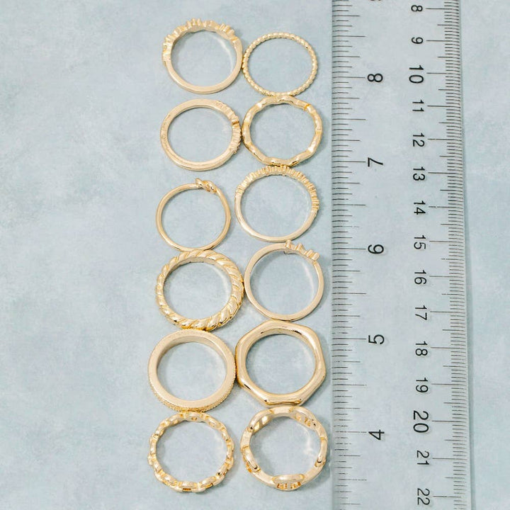Assorted Twelve Piece Chain Ring Set: Gold