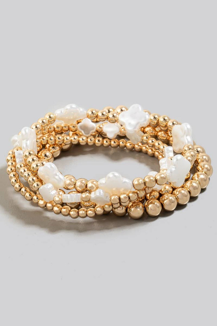 Pearl Clover Charms Metallic Beaded Bracelet Set: Gold