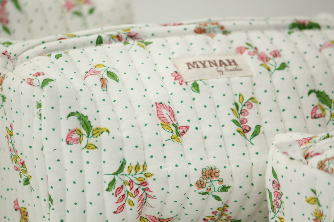 Quilted block print floral travel cosmetic bag
