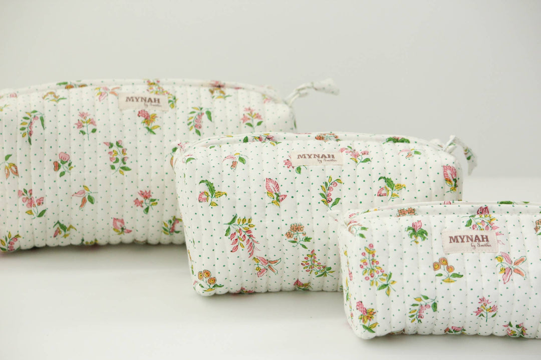 Quilted block print floral travel cosmetic bag
