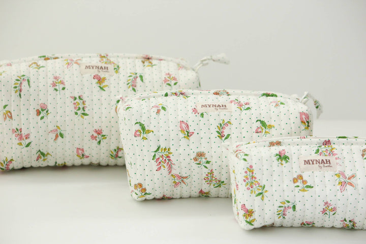 Quilted block print floral travel cosmetic bag