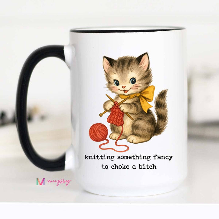 Knitting Something Fancy Funny Cat Mug for Makers: 11oz / Black rim/handle