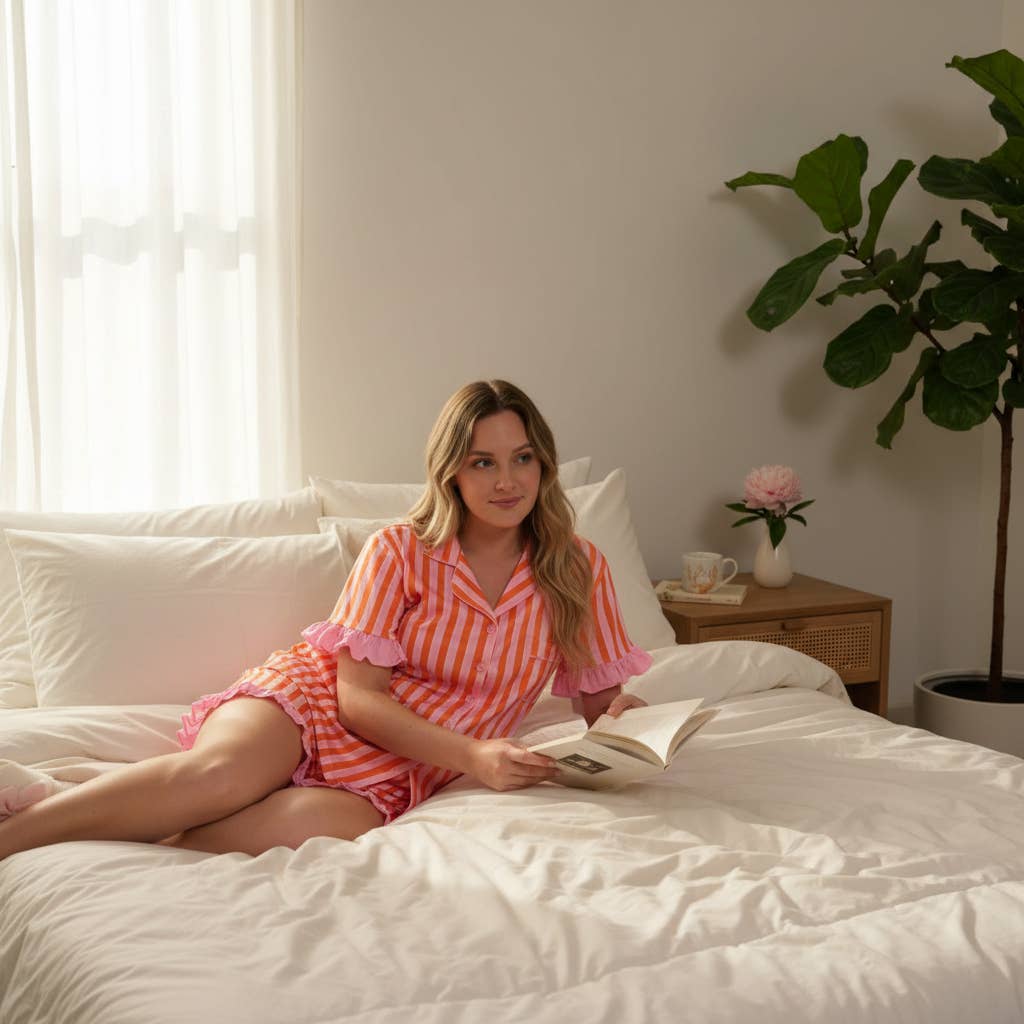 Large- Slumber Party Pajama Shorts Set–Sicily Stripes Pink
