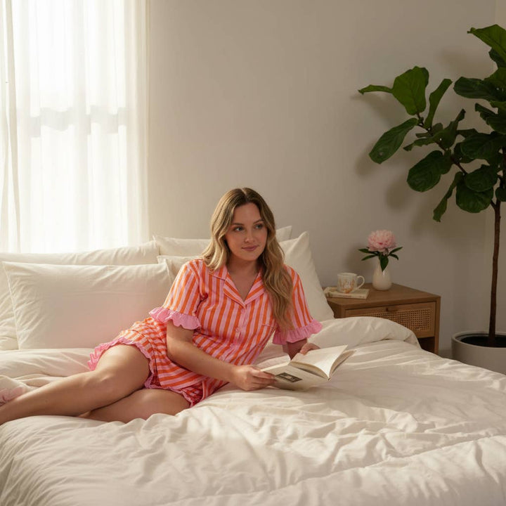 Large- Slumber Party Pajama Shorts Set–Sicily Stripes Pink
