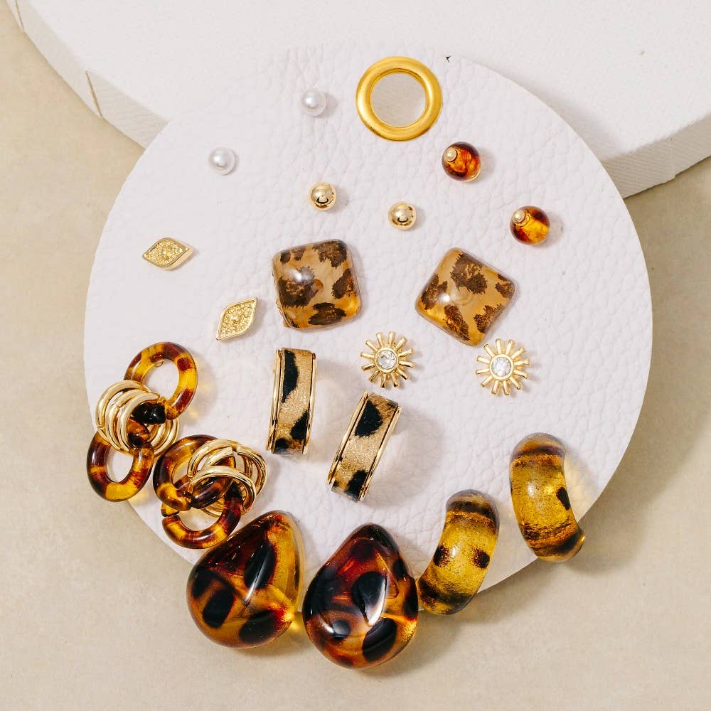 Leopard Acrylic And Pearl Mixed Earrings Set