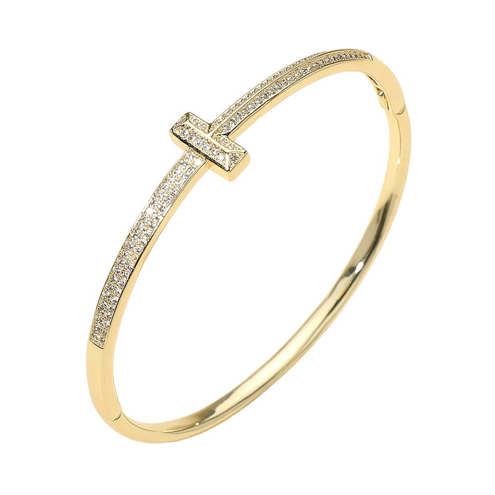 Gold Plated CZ Stone Paved T-bar Hinged Bangle Bracelet: Gold