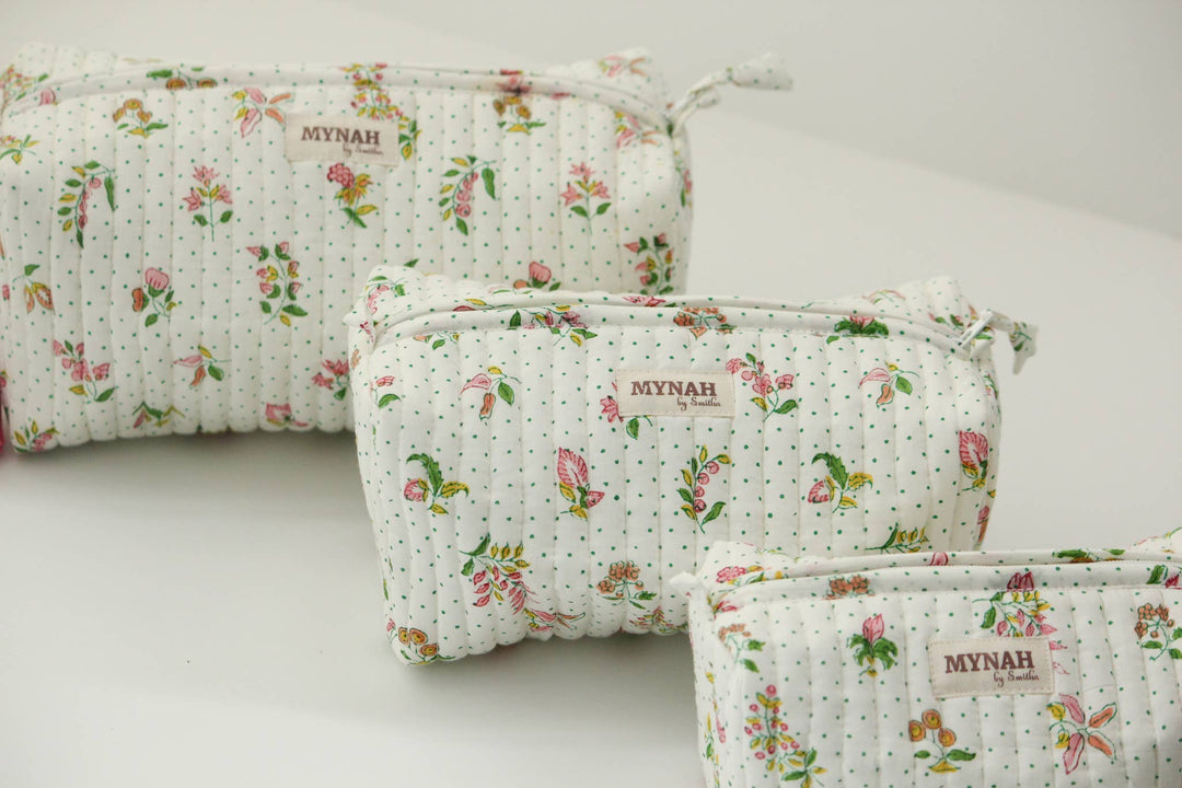 Quilted block print floral travel cosmetic bag