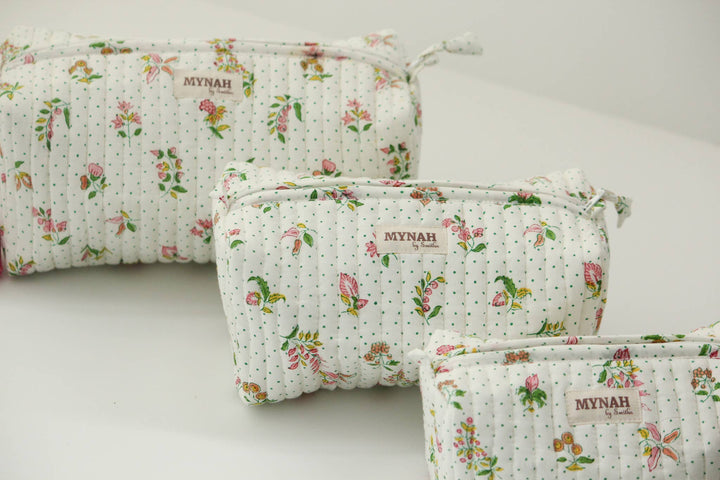 Quilted block print floral travel cosmetic bag