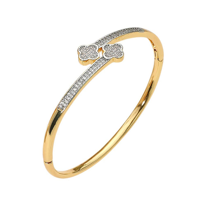 SECRET BOX_Stainless Steel Rhinestone Pave Quatrefoil Tip End Wrapped Hinged Bangle Bracelet