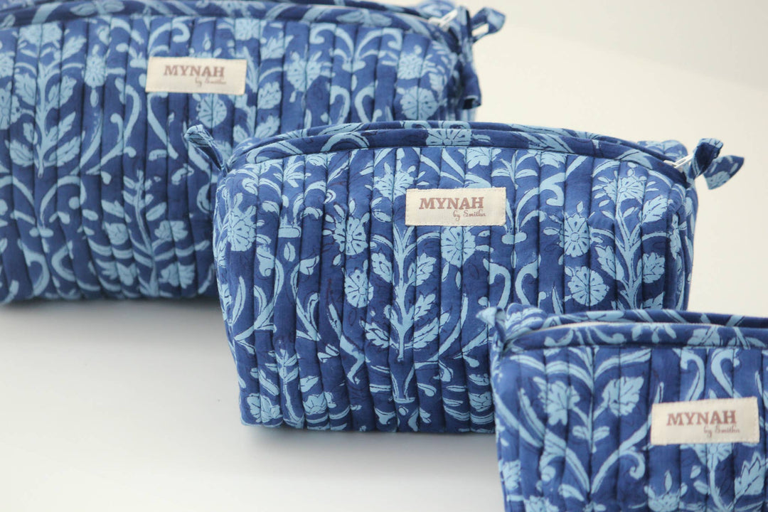 Quilted block print floral travel cosmetic bag