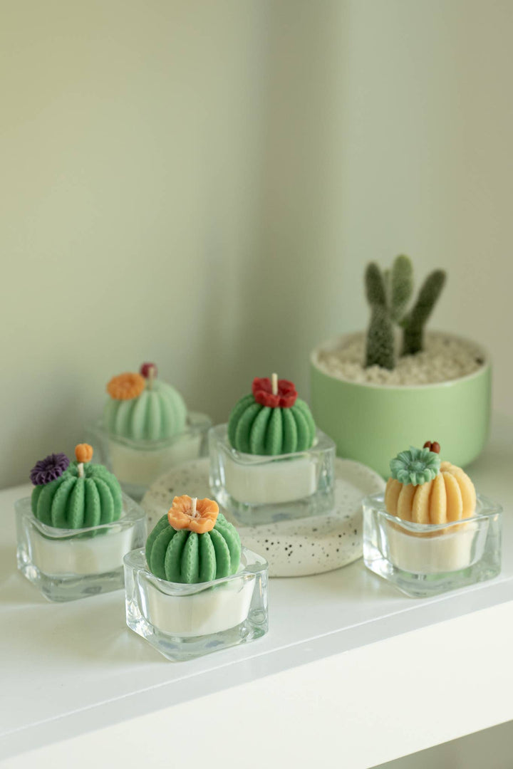 Barrel Cactus Tealight Candles: Green w/ red