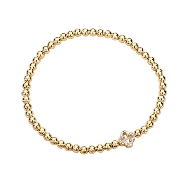 Stone Paved Quatrefoil Brass Metal Ball Beaded Stretch Bracelet