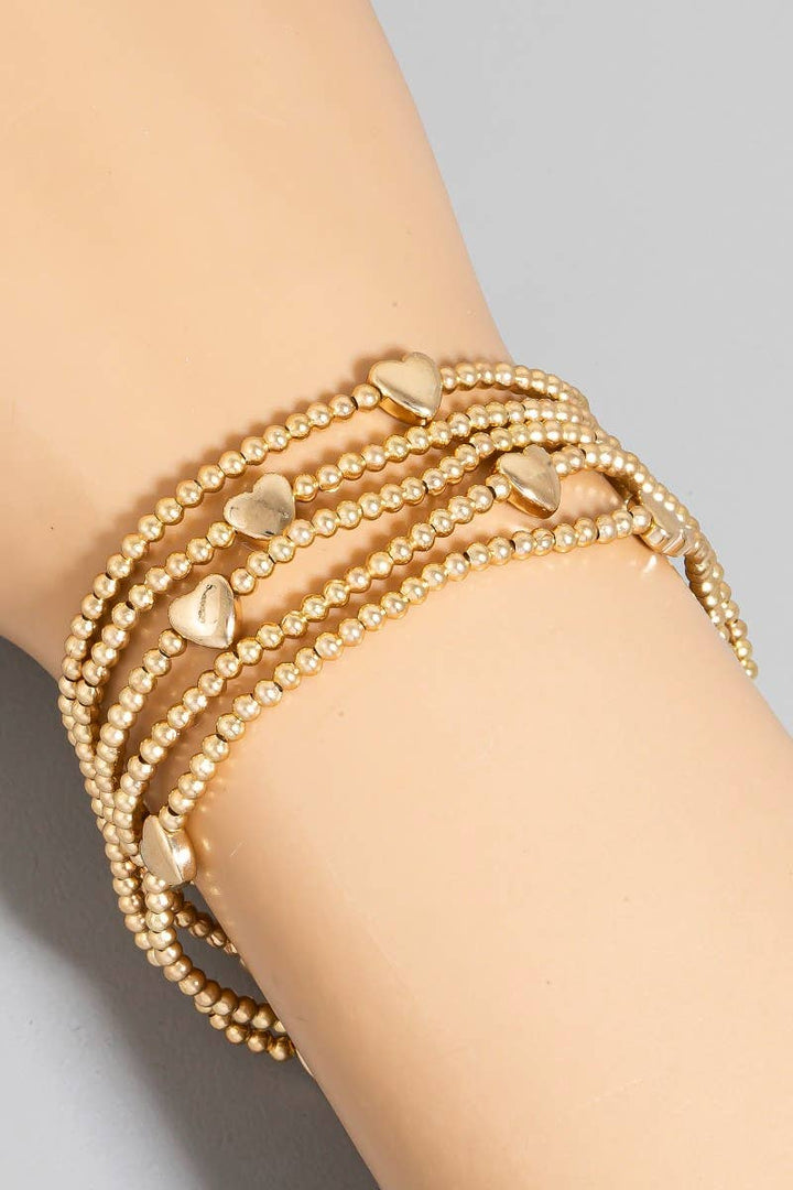 Metallic Heart Charms Beaded Bracelet Set: Gold