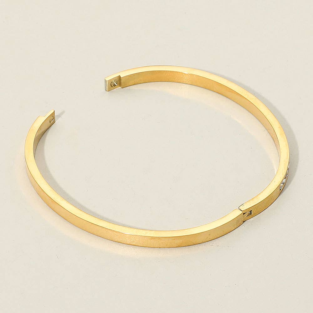 SECRET BOX_Stainless Steel Single Row Rhinestone Paved Hinged Bangle Bracelet: Rhodium