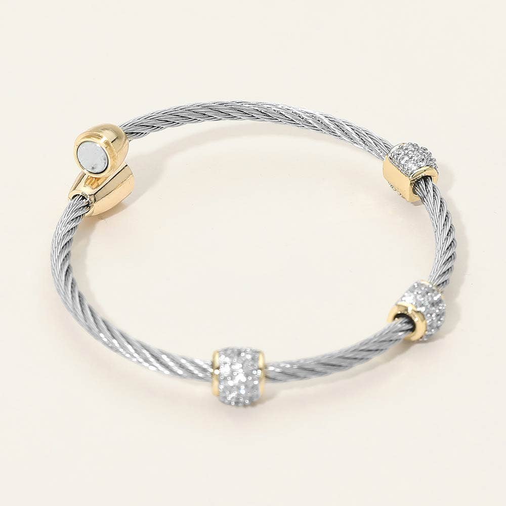 14K Gold Plated Two Tone CZ Stone Paved Cluster Accent Twisted Magnetic Bangle Bracelet
