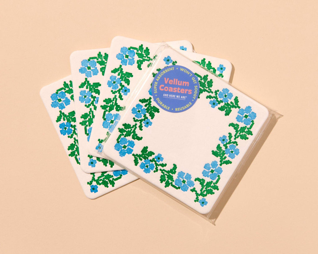 Cross Stitch Flower Vellum Coasters - Blue/Green (Set of 4)