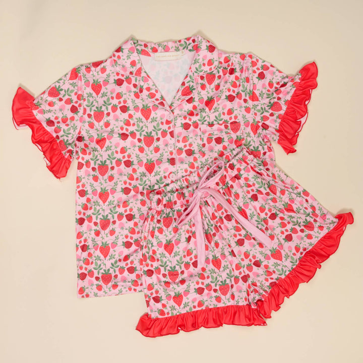 Small- Slumber Party Pajama Shorts Set-Strawberry Fields