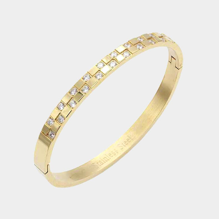 CZ Embellished Stainless Steel Bangle Evening Bracelet: Silver