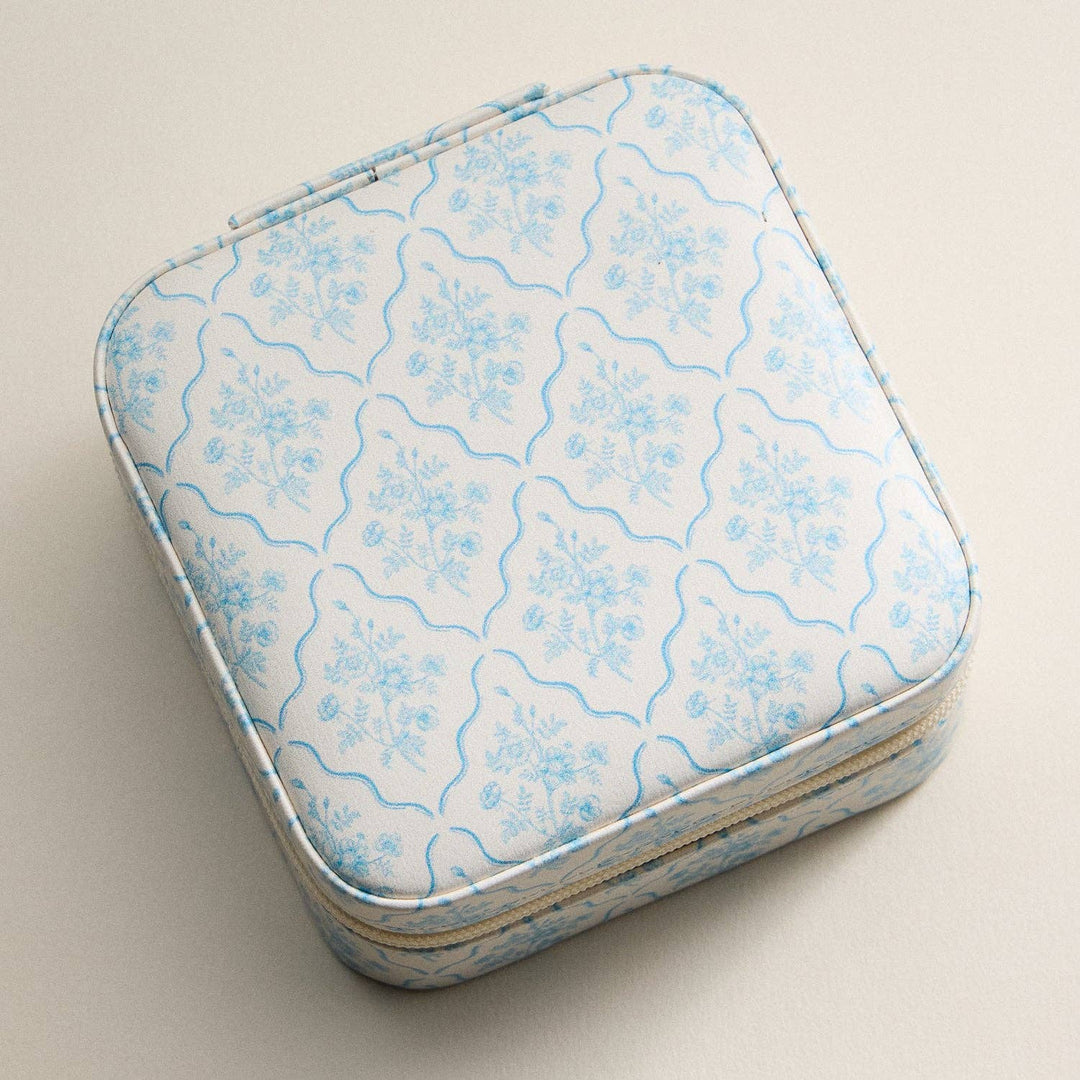 Light Blue Floral Travel Jewelry Case – Compact Jewelry Organizer with Mirror & Ring Slots: LBL / ONE
