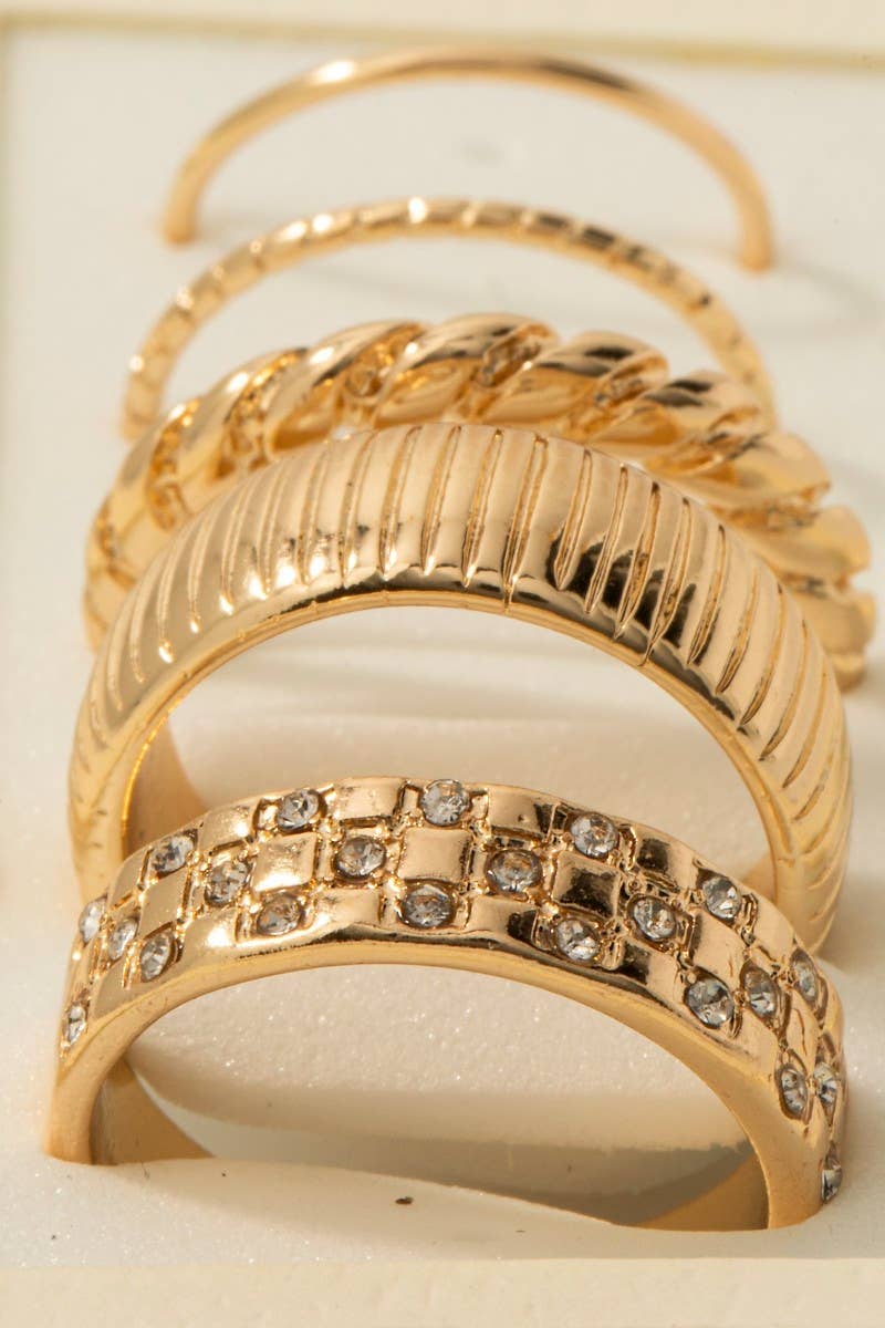 5 Piece Mixed Band Rings Set: Gold