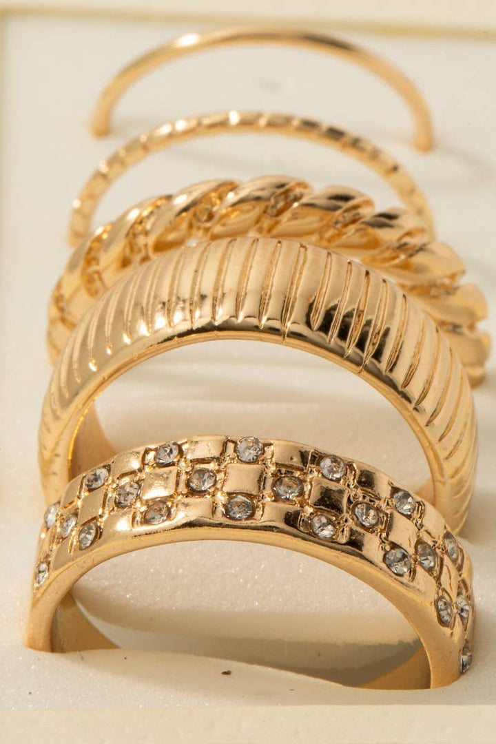 5 Piece Mixed Band Rings Set: Gold
