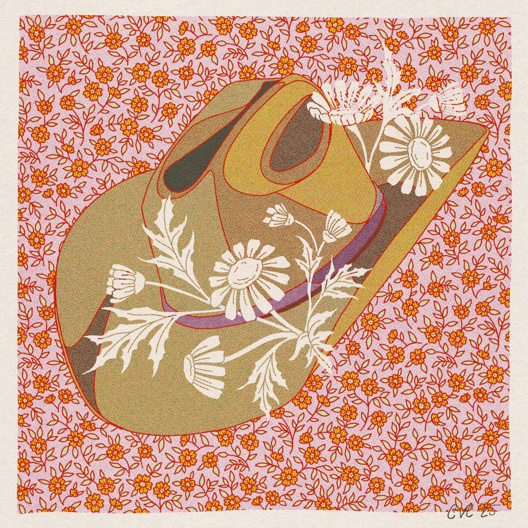 8"x8" Brown and Pink Cowboy Hat Floral Art Print:
