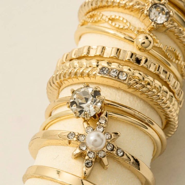 Twelve Piece Assorted Rhinestone Star Ring Set: Gold