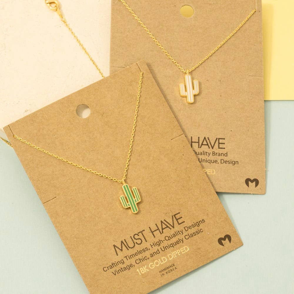 Gold Dipped Enamel Cactus Pendant Necklace: MI