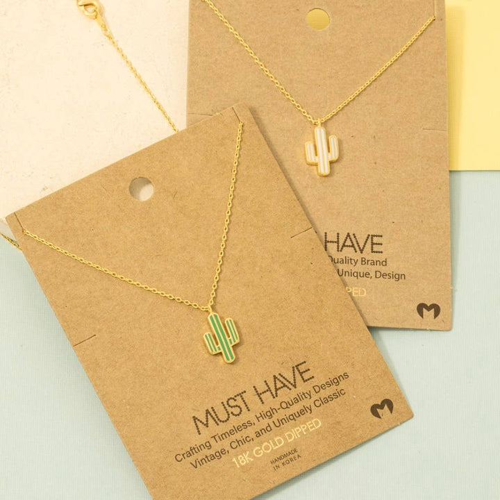 Gold Dipped Enamel Cactus Pendant Necklace: MI