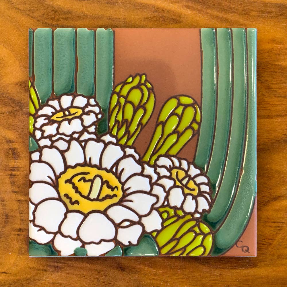 Saguaro Cactus Bloom Hand Glazed Art Tile Trivet: Terra Cotta Background