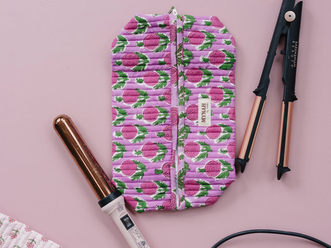 Artisan Hand-Block Printed Quilted Hair Tool Bag/Dyson travl