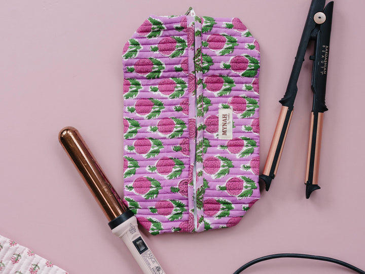 Artisan Hand-Block Printed Quilted Hair Tool Bag/Dyson travl