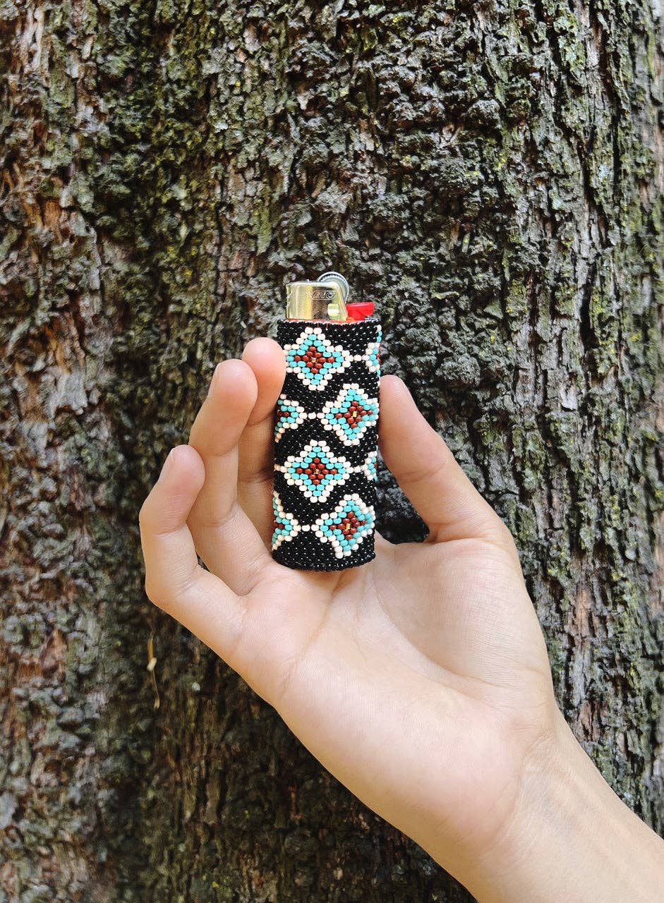 Chocolate Mint Chip -  Beaded Lighter Case in Black & Teal