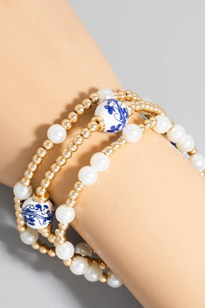 Floral Ceramic And Pearl Beaded Bracelet Set: Gold