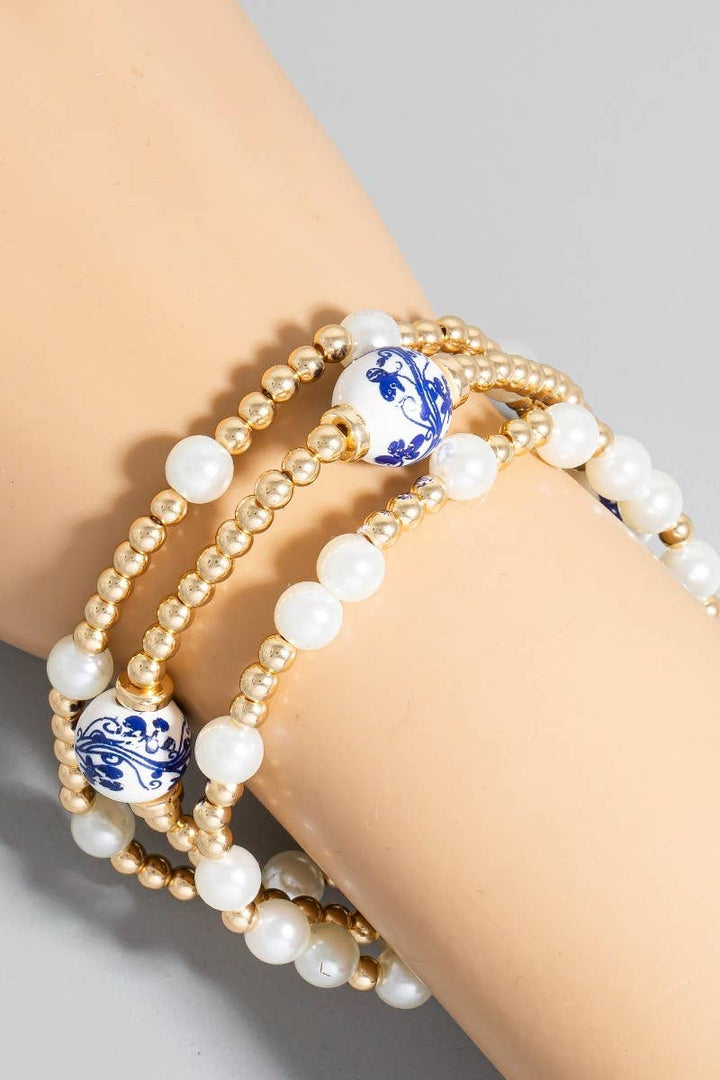 Floral Ceramic And Pearl Beaded Bracelet Set: Gold
