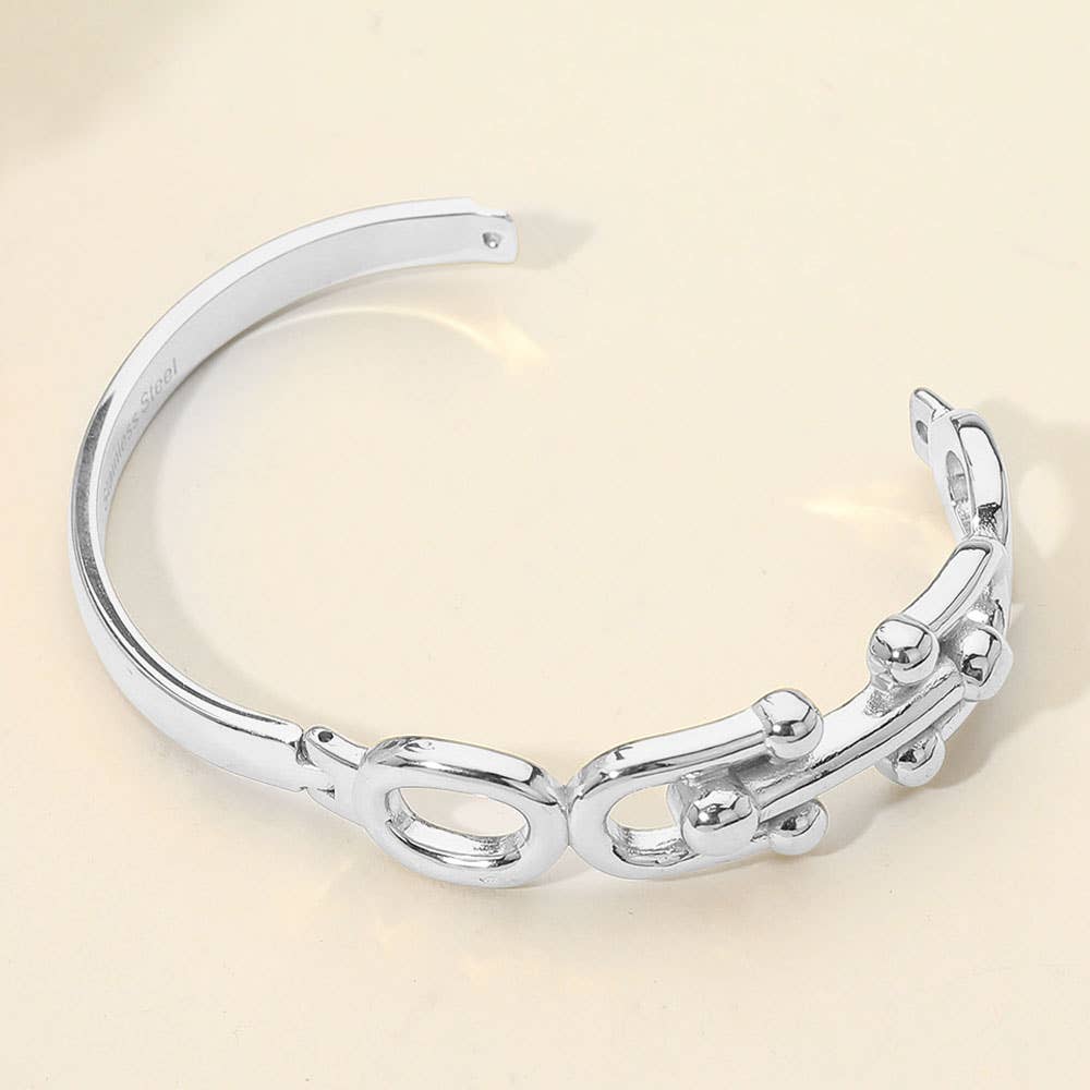 Stainless Steel Bold Link Hinged Bangle Bracelet: Silver