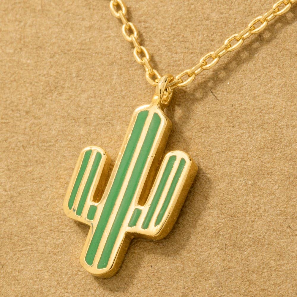 Gold Dipped Enamel Cactus Pendant Necklace: MI