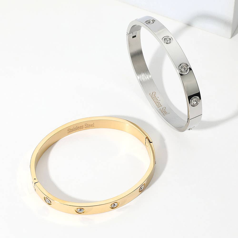 Stone Paved Hinged Bangle Bracelet: Gold