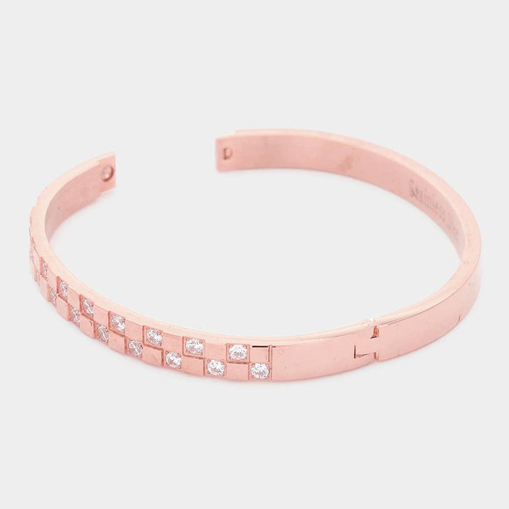 CZ Embellished Stainless Steel Bangle Evening Bracelet: Silver