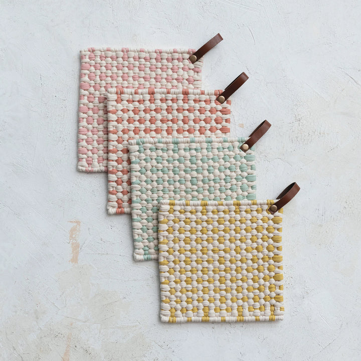 Cotton Crocheted Pot Holder w/ Leather Loop, Assorted Colorse