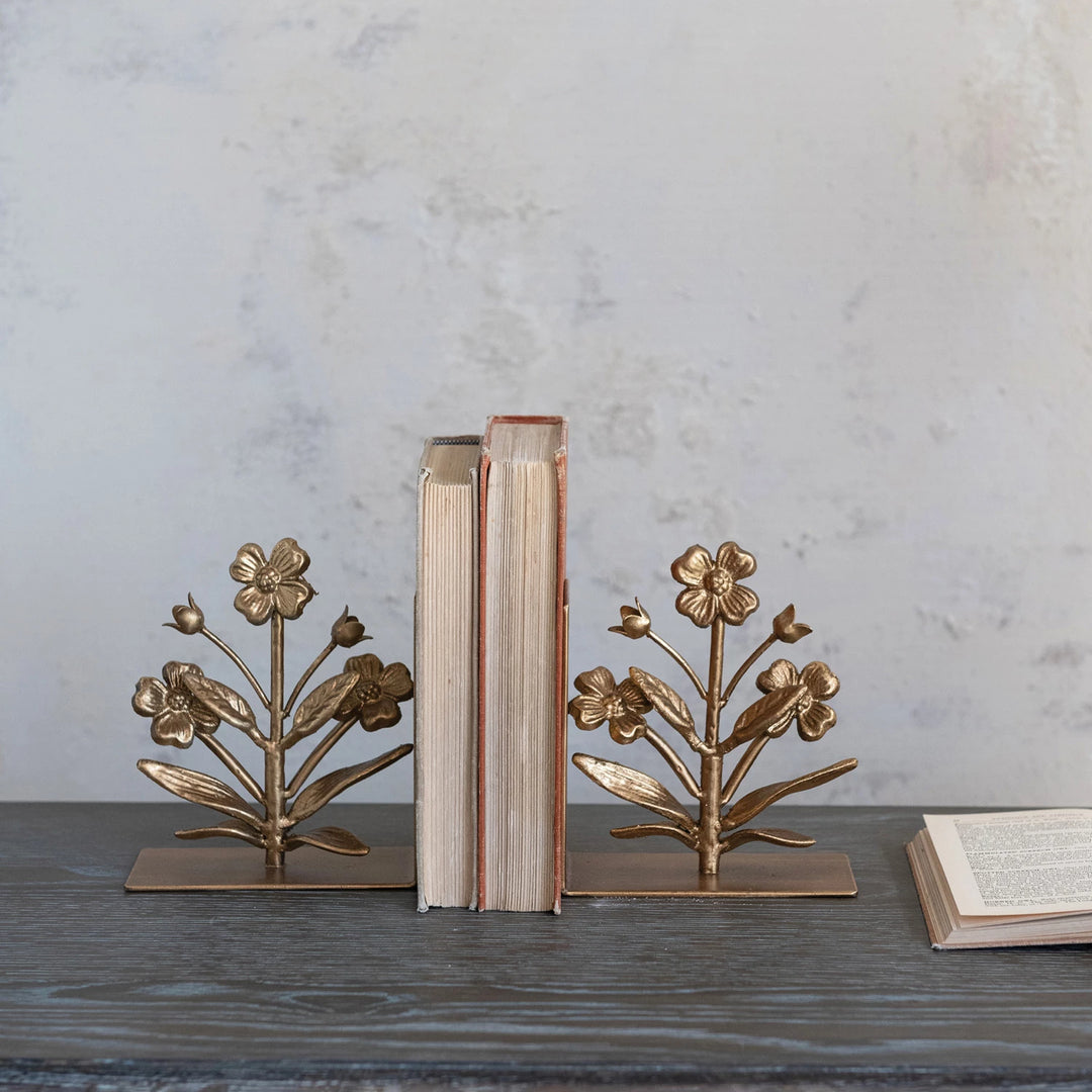 Cast Iron Flower Shaped Bookends, Gold Finish