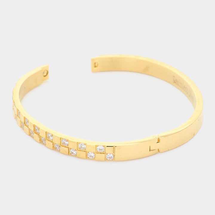 CZ Embellished Stainless Steel Bangle Evening Bracelet: Silver