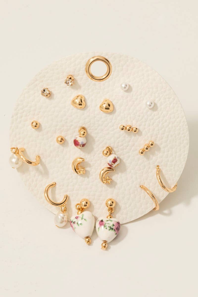 10 Piece Pearl And Ceramic Mixed Earrings Set: Gold