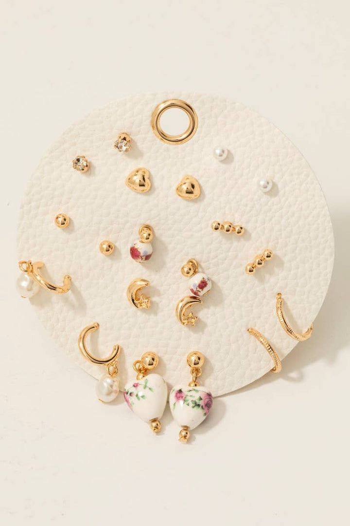 10 Piece Pearl And Ceramic Mixed Earrings Set: Gold