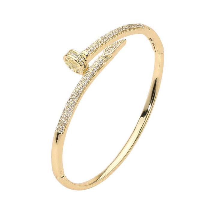 CZ Stone Paved Nailhead Accent Hinged Bangle Bracelet: Rhodium